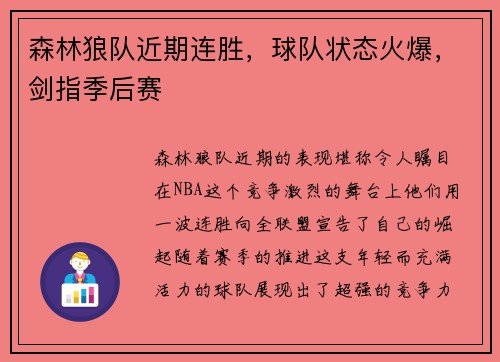 森林狼队近期连胜，球队状态火爆，剑指季后赛